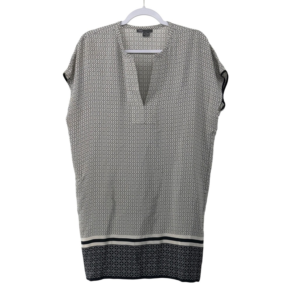 Vince Black‎ White 100% Silk Geometric Print V-Neck Shift Dress Small V194650366